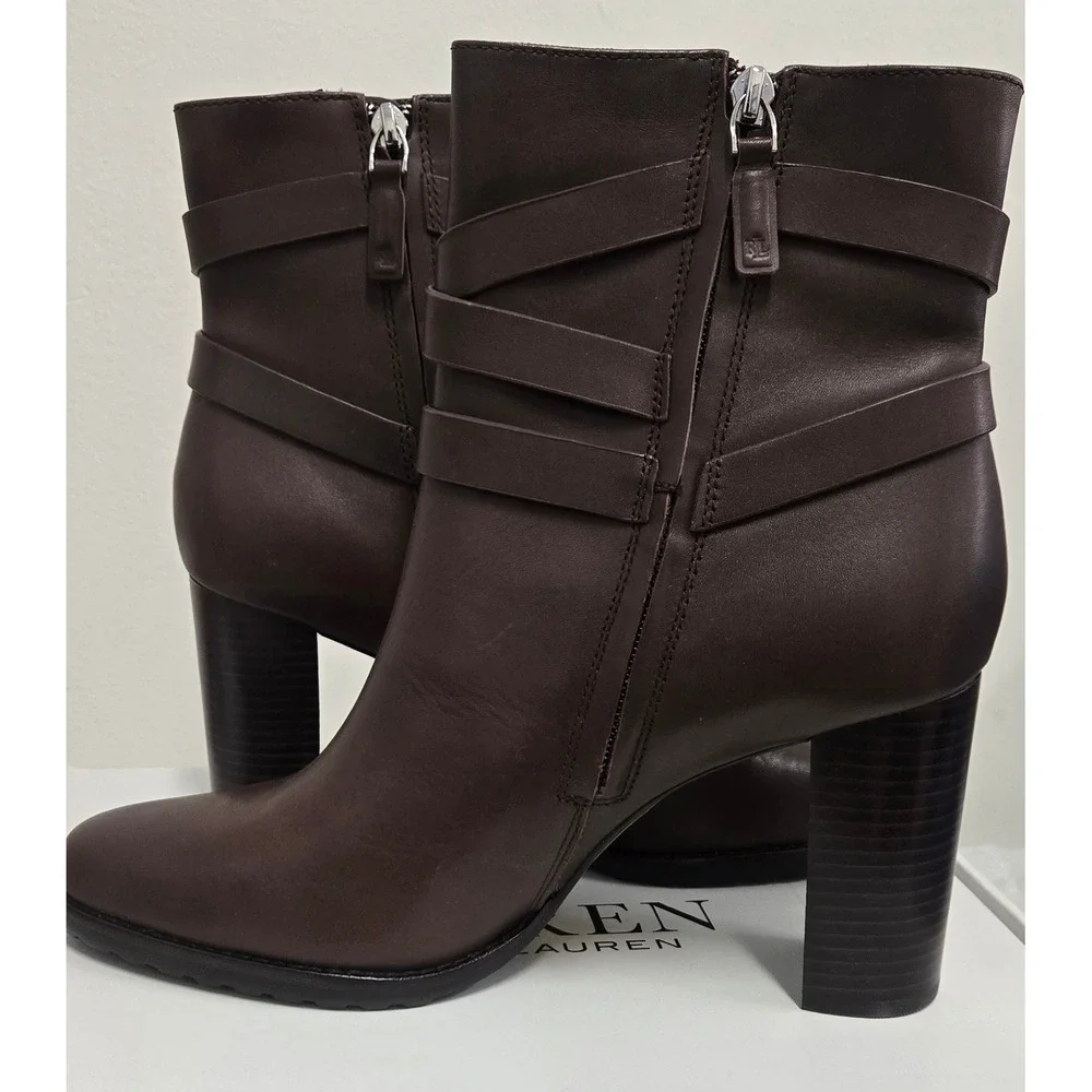 Lauren Ralph Lauren Collins Leather Ankle Boots Dark Brown Block Heel US 10 B